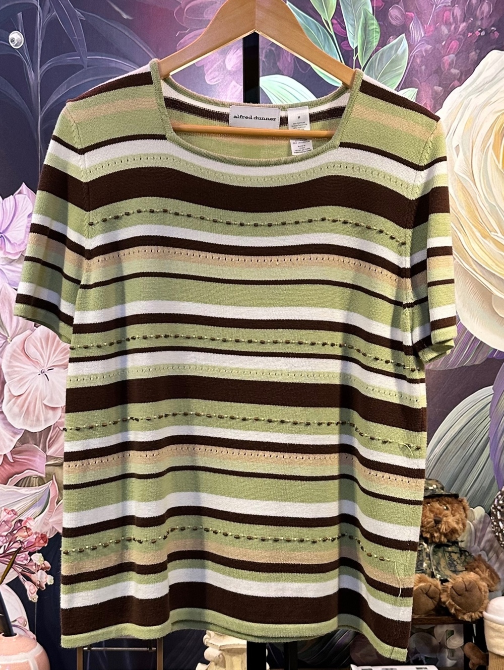 Alfred Dunner M Striped Knit Sweater Top Boho Beaded Pointelle Short Sleeve Sage